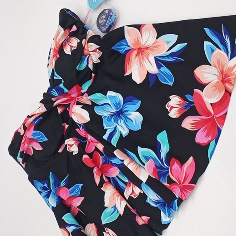 Swim Solutions Lanai Floral‎ Printed Flyaway Tankini Top Black 12